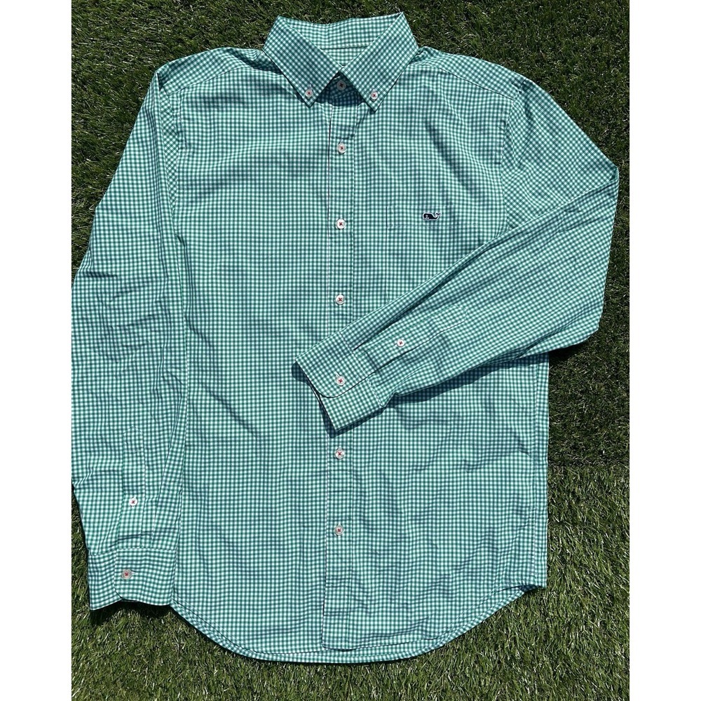 Vineyard Vines Green Gingham Button-Down Shirt Mens Long Sleeve Whale Logo Small